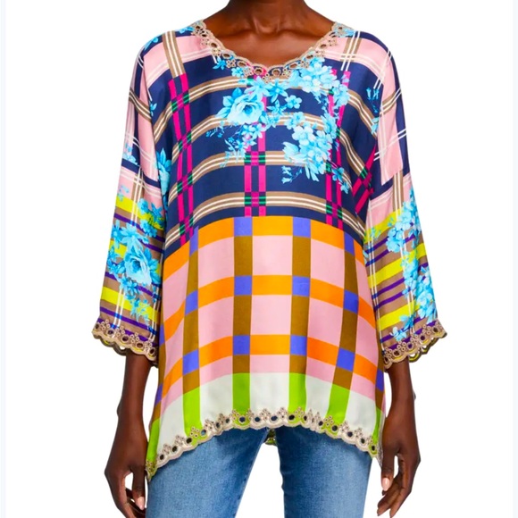 JOHNNY WAS Nora Multi Grid Colorful Scoop Neck Embroidered Tunic Blouse! Medium - Picture 1 of 16
